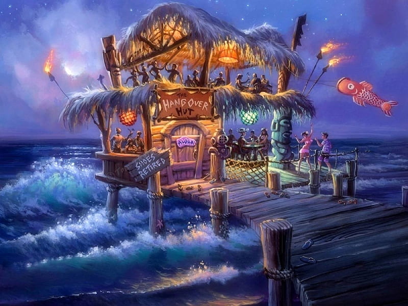The Hangover Bar, hut, love four seasons, hangover, midnight, attractions in dreams, sea, fantasy, paintings, paradise, beaches, party, summer, seaside, nature, dances, tropical, HD wallpaper