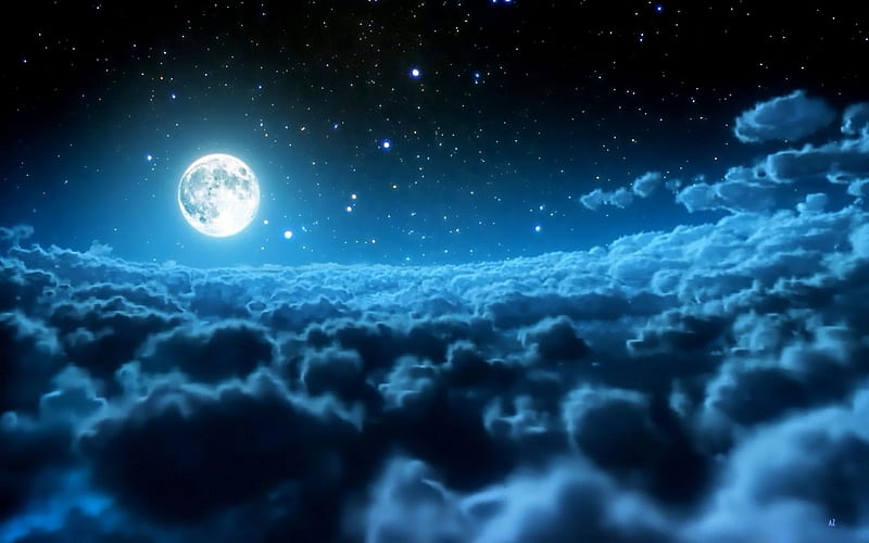 Moonlight, cloud, moon, luminos, full, sky, fantasy, moon, white, blue, night, HD wallpaper