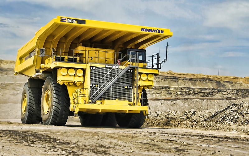 Komatsu 960E, dumper, 2019 trucks, quarry, big truck, Komatsu, mining truck, trucks, yellow truck, HD wallpaper