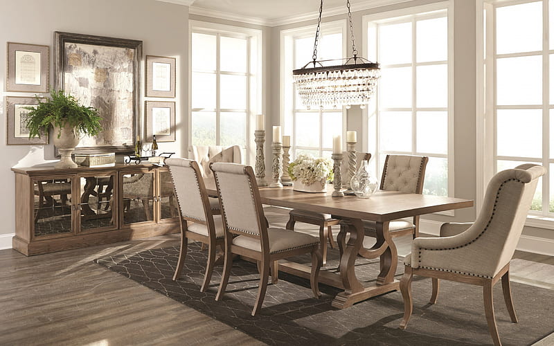 classic interior design, living room, large wooden dining table, stylish interior design, classic style dining room, HD wallpaper