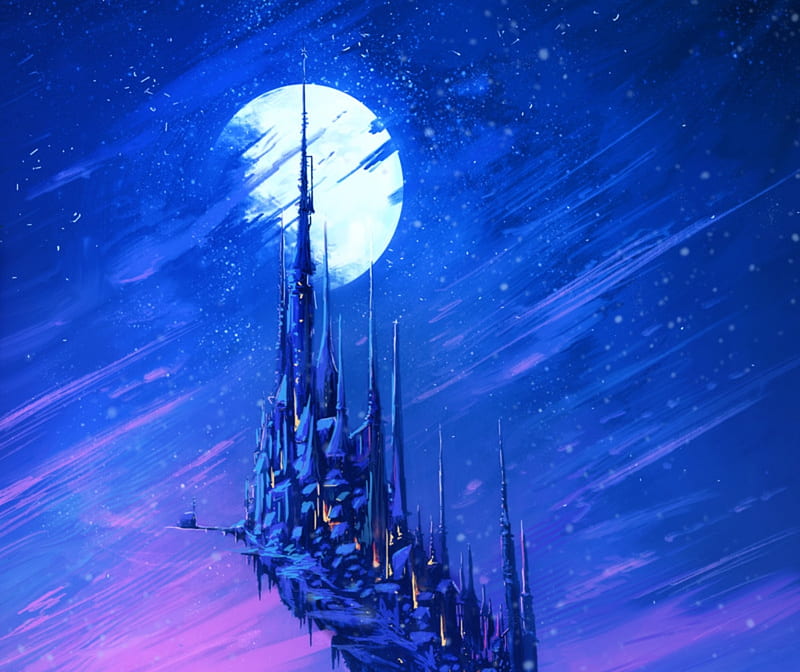 The castle of winter, moon, castle, pink, white, anatofinnstark, blue ...