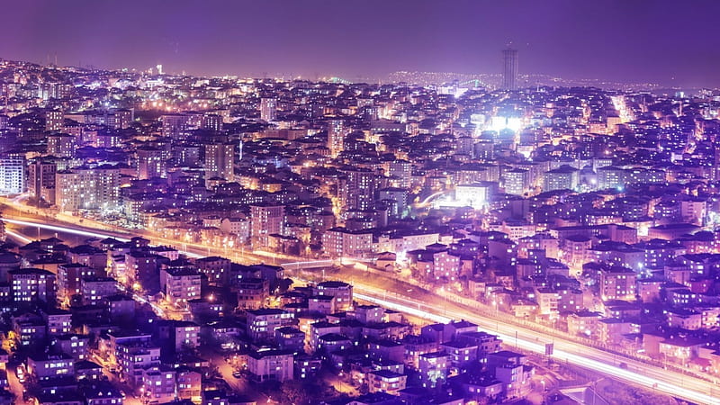 istanbul night cityscape in purple, city, purple, streets, lights, night, HD wallpaper