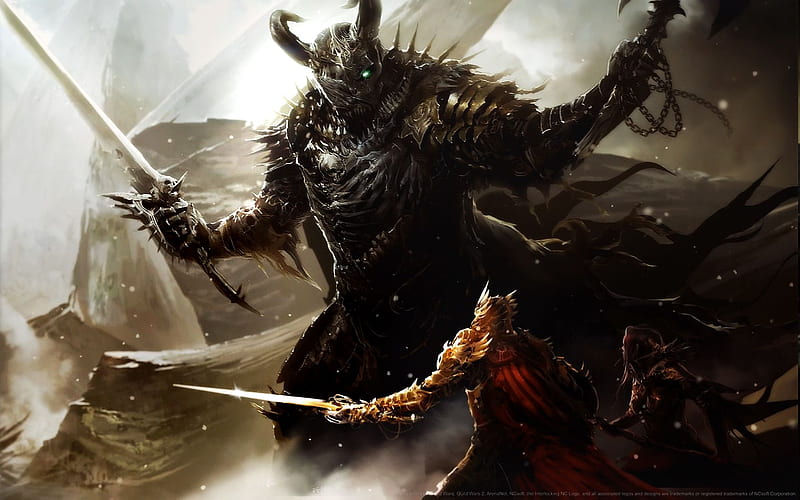 Dark warrior vs. Paladin, paladin, guild wars 2, warrior, battle, fight, black, sword, HD wallpaper