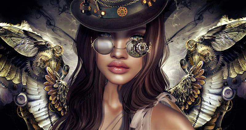 Steampunk Girl, art, woman, spectacles, hat, HD wallpaper