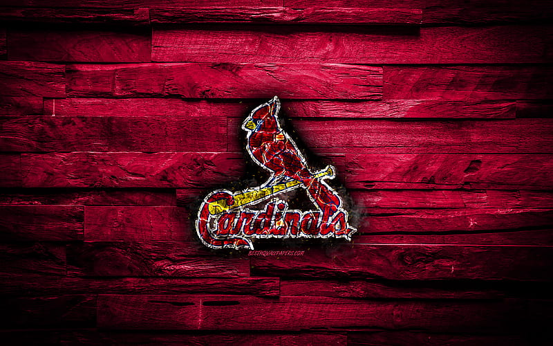 St Louis Cardinals scorched logo, MLB, purple wooden background, american baseball team, grunge, baseball, St Louis Cardinals logo, fire texture, USA, HD wallpaper