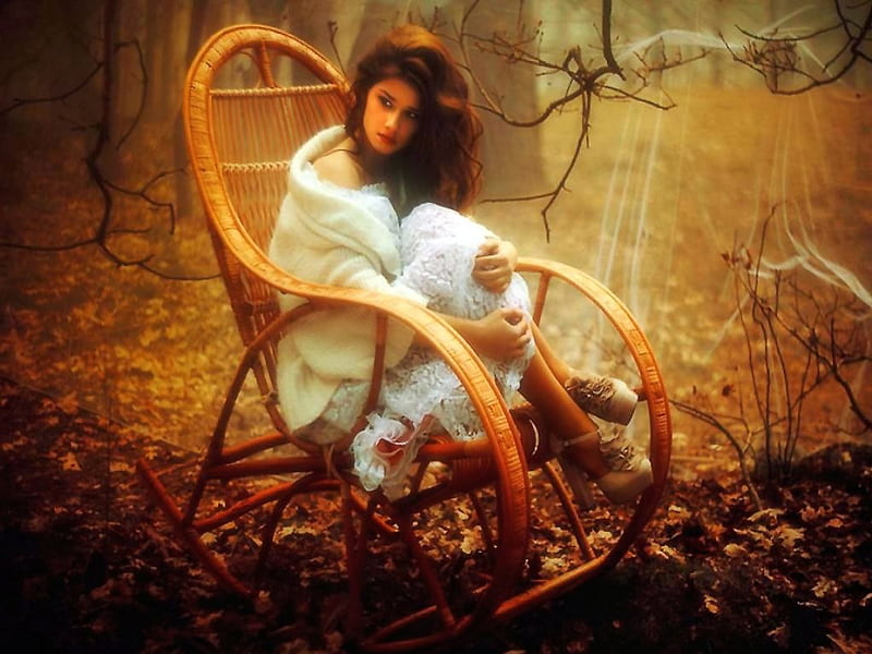 Her Own Web, witch, forest, web, dark, rocking chair, magic, woman, HD wallpaper