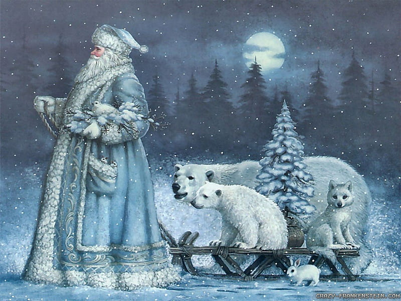 VINTAGE CHRISTMAS CARD, santa, polar, bears, vintage, card, HD wallpaper