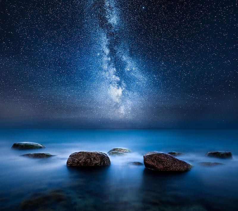 stars, luminos, rock, sky, sea, vara, water, stone, summer, white, blue, HD wallpaper