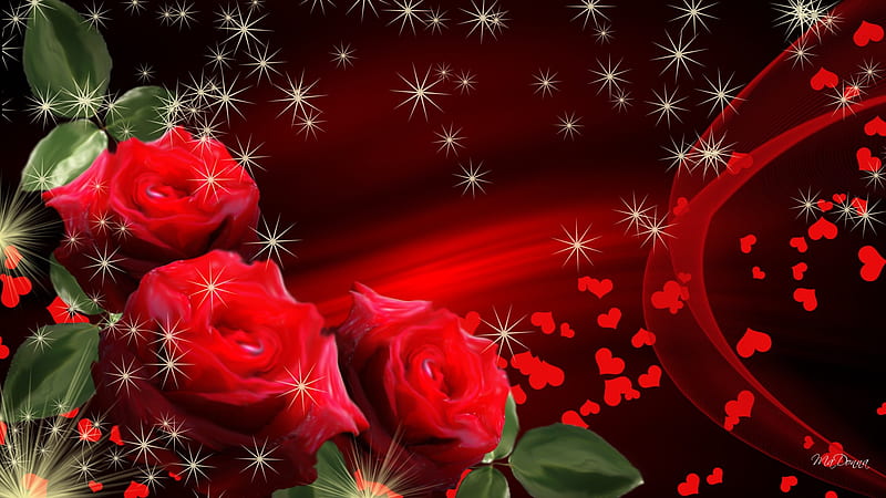 Heart Ache for You, valentines day, red roses, stars, scatter, swirls, silk, corazones, sparkles, HD wallpaper