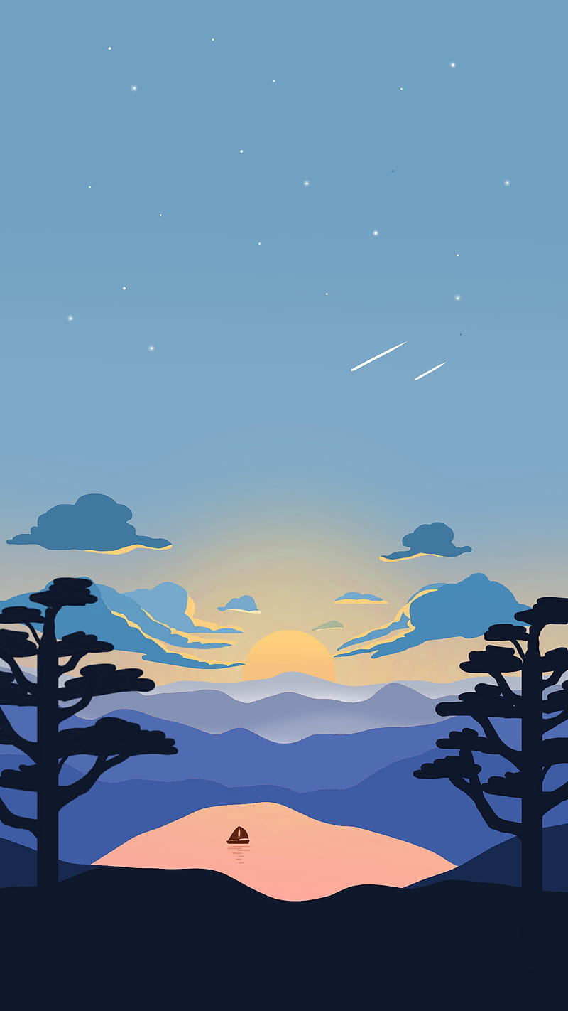 Beautiful sunset, cartoon, clouds, iphone, landscape, mountains, stars,  trees, HD phone wallpaper | Peakpx