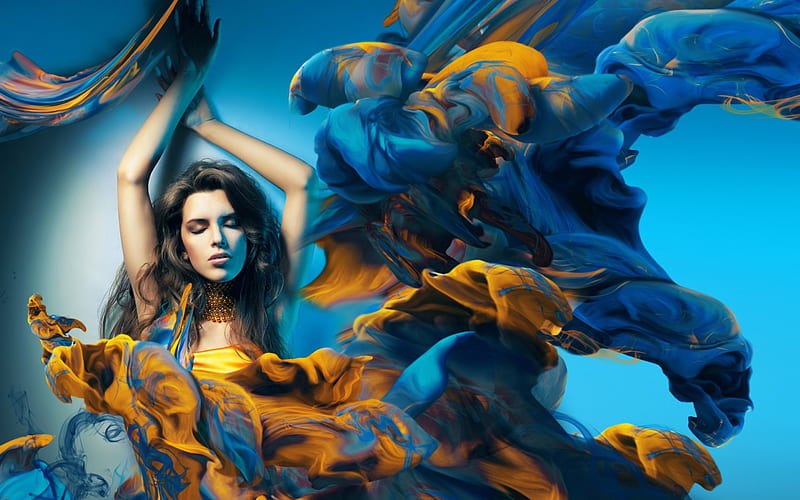 Manipulation, girl, yellow, smoke, woman, blue, HD wallpaper | Peakpx