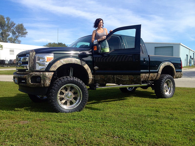 ford f250, grass, girl, pick up, ford, HD wallpaper