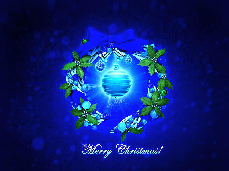 Merry Christmas - blue, glow, merry christmas, greeting, holly leaves ...