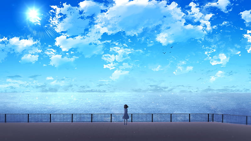 anime girl, seascape, clouds, scenic, ocean, Anime, HD wallpaper