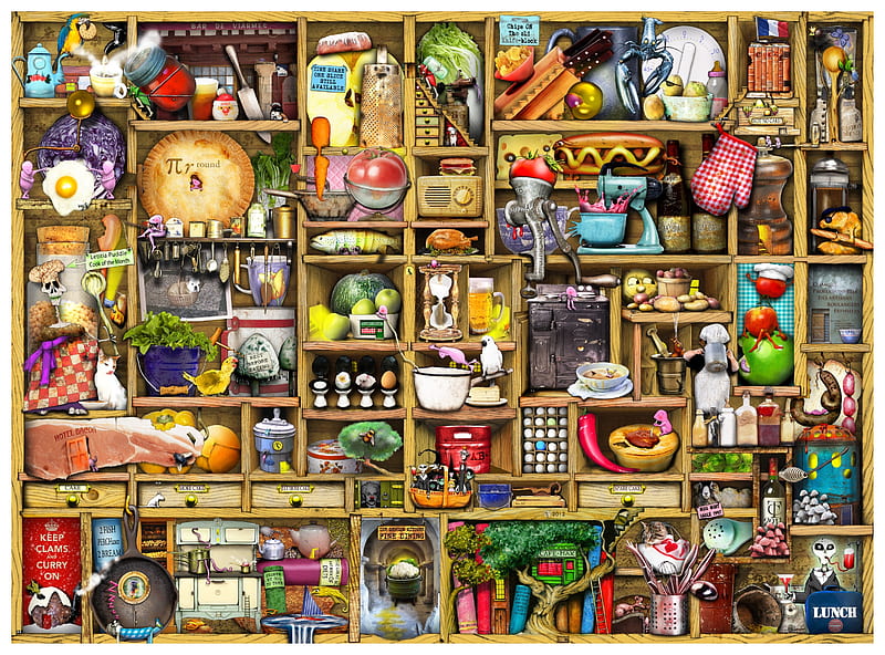 Kitchen cupboard, rafturi, fantasy, luminos, shelves, stuff, HD wallpaper |  Peakpx