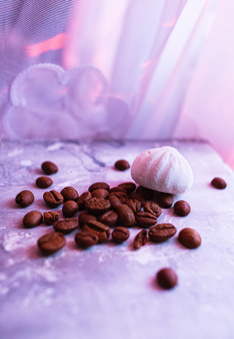 coffee beans, beans, coffee, meringue, dessert, purple, HD phone wallpaper