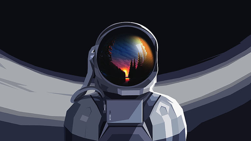 astronaut, spacesuit, reflection, sunset, art, HD wallpaper