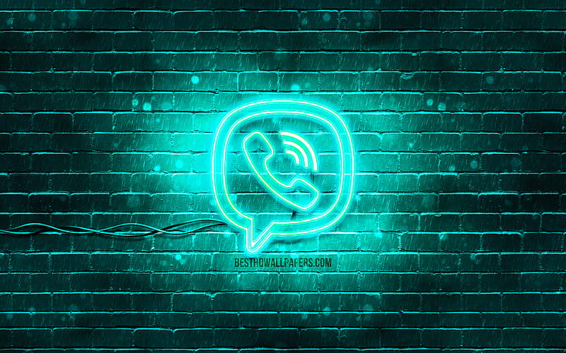 Viber turquoise logo turquoise brickwall, Viber logo, social networks, Viber neon logo, Viber, HD wallpaper