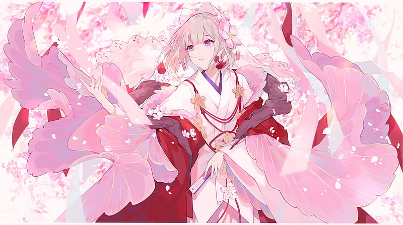 anime girl, kimono, cherry blossom, short hair, petals, Anime, HD wallpaper