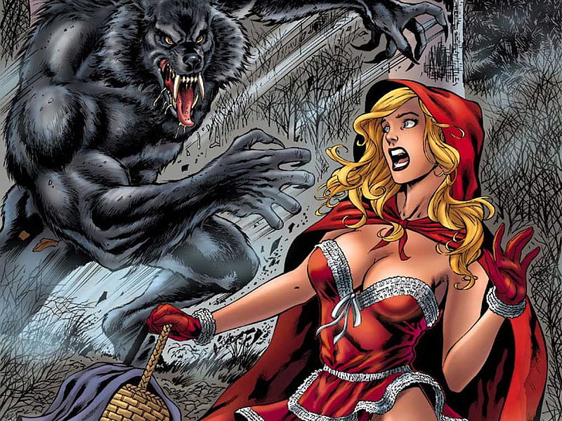 Red Meets The Big Bad Wolf, girl, fairy tale, remake, wolf, comics, adult, HD wallpaper