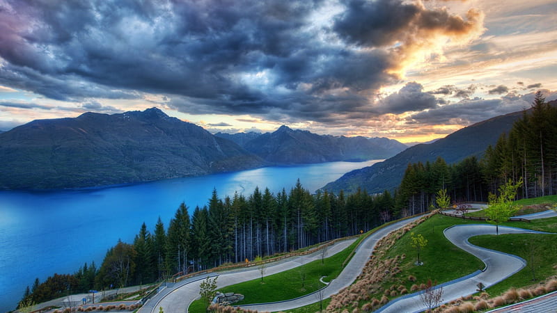 Wonderful lake overlook, mountains, forests, road, clouds, lake