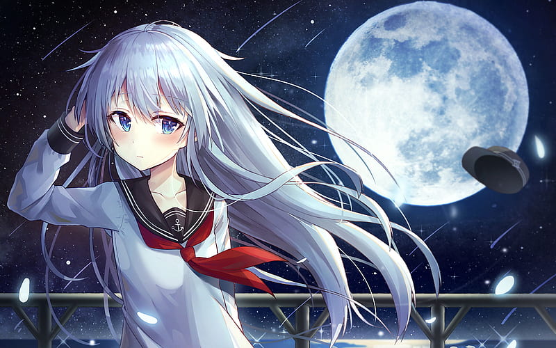 Hibiki, moon, Kancolle, night, manga, Kantai Collection, HD wallpaper