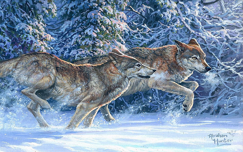 Corriendo por la nieve, invierno, manada de lobos, pintura, lobos, árboles,  obra de arte, Fondo de pantalla HD | Peakpx