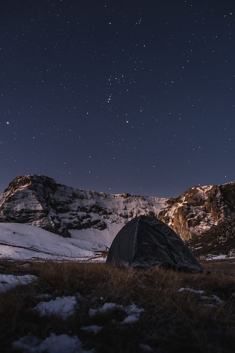tent, camping, mountains, nature, night, stars, snowy, HD phone wallpaper