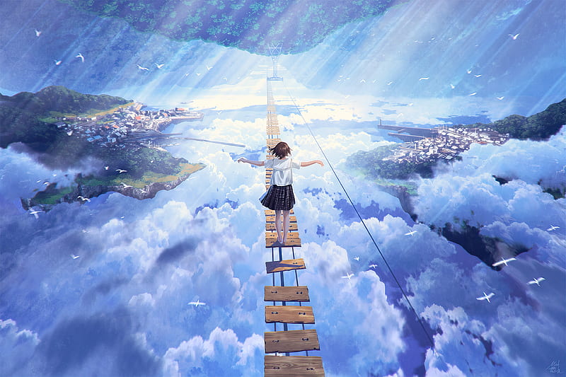 Anime Girl Walking On Dream Bridge , anime-girl, anime, bridge, artist, artwork, digital-art, HD wallpaper