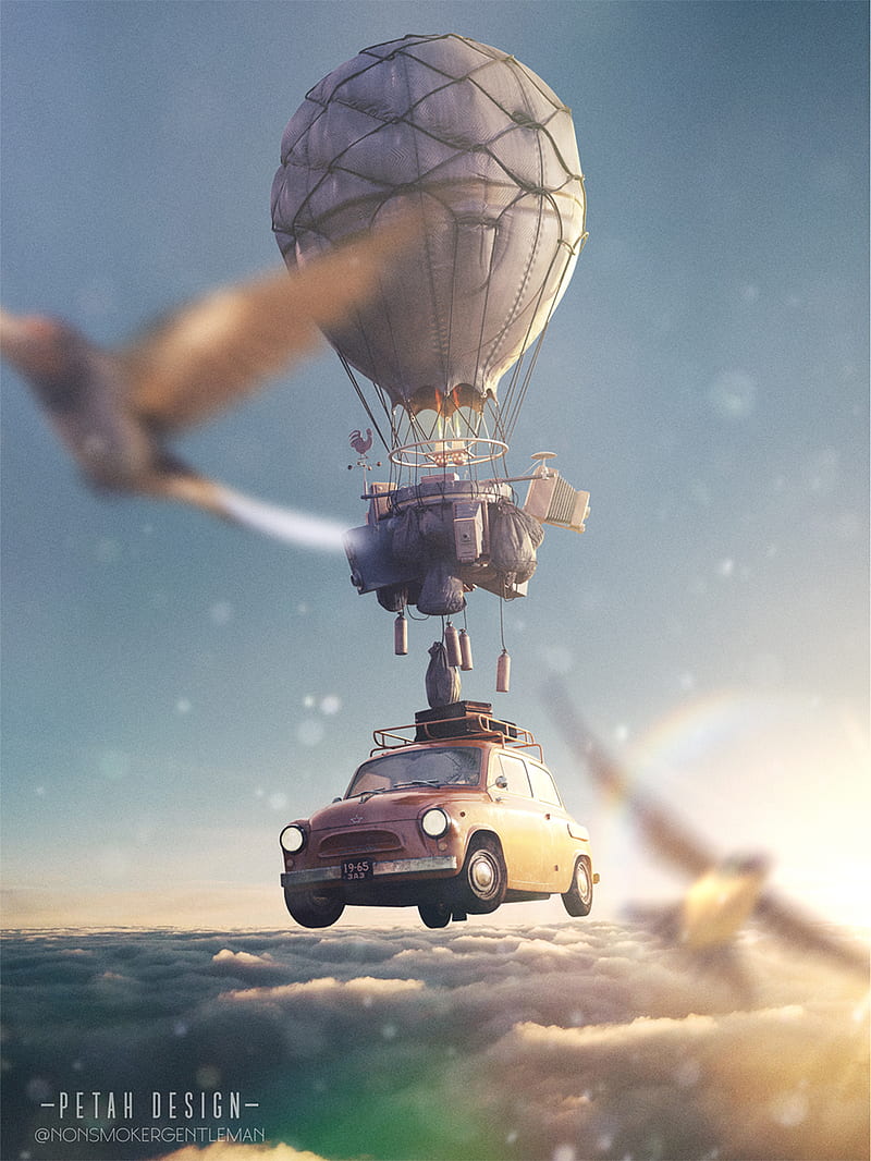 Up Above, aircraft, ballon, birds, car, clouds, cloudy, cloudy sky, nature, sky, HD phone wallpaper