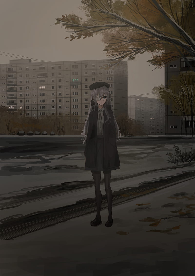 cute anime girl, eyepatch, post-apocalyptic, coat, hat, gray hair, Anime, HD phone wallpaper