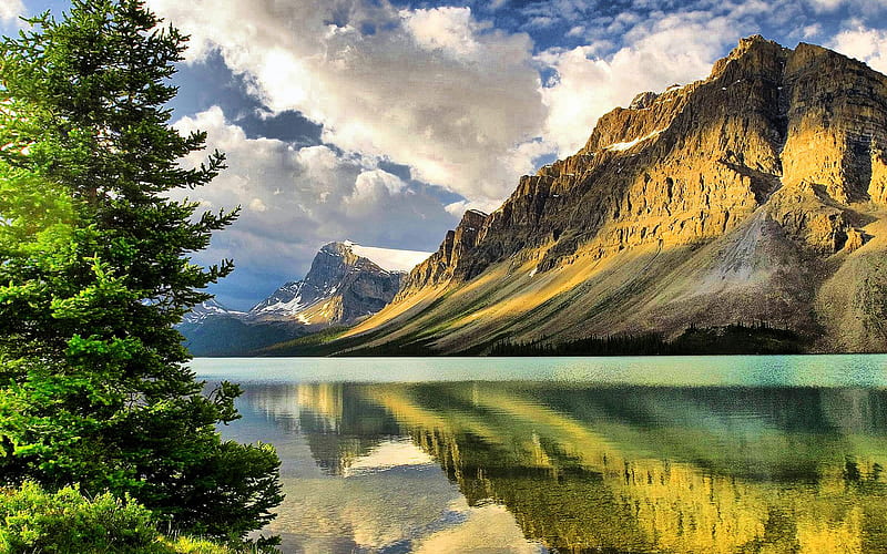 SUNNY MOUNTAIN LAKE, mountain, forest, sunny, reflection, trees, clouds ...