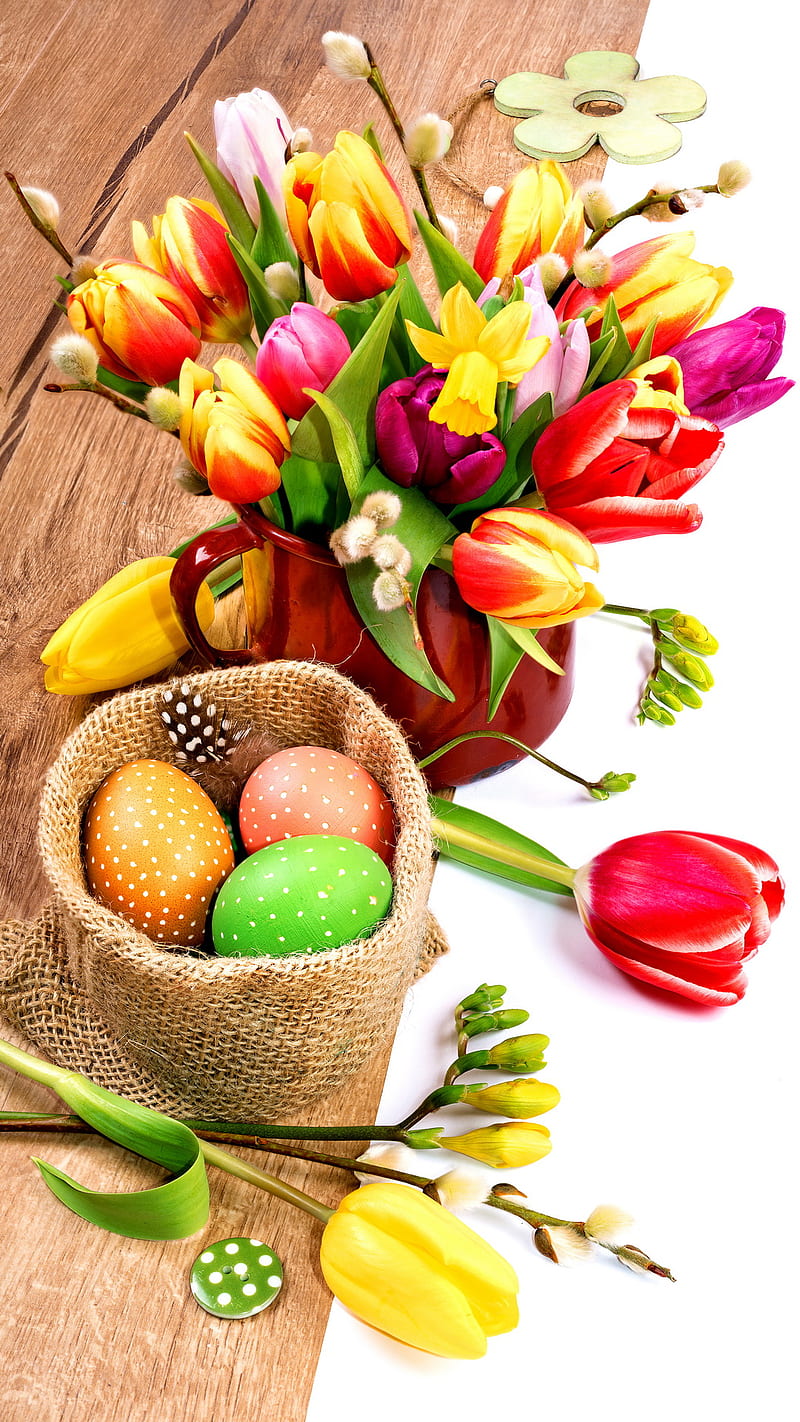 Happy Easter, eggs, tulips, HD phone wallpaper