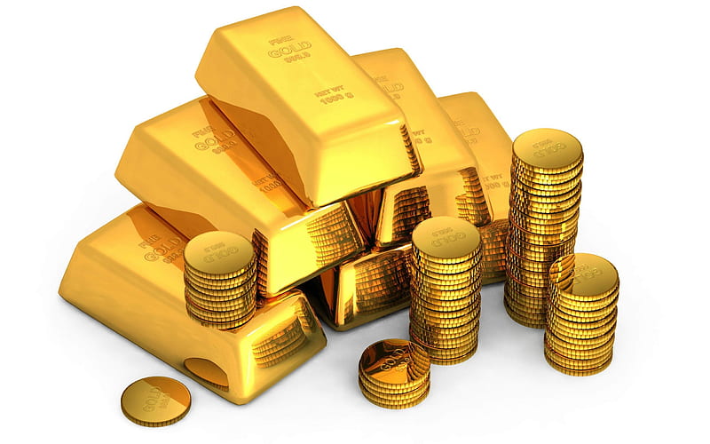 gold, gold bullion, gold 3d, gold coins, HD wallpaper