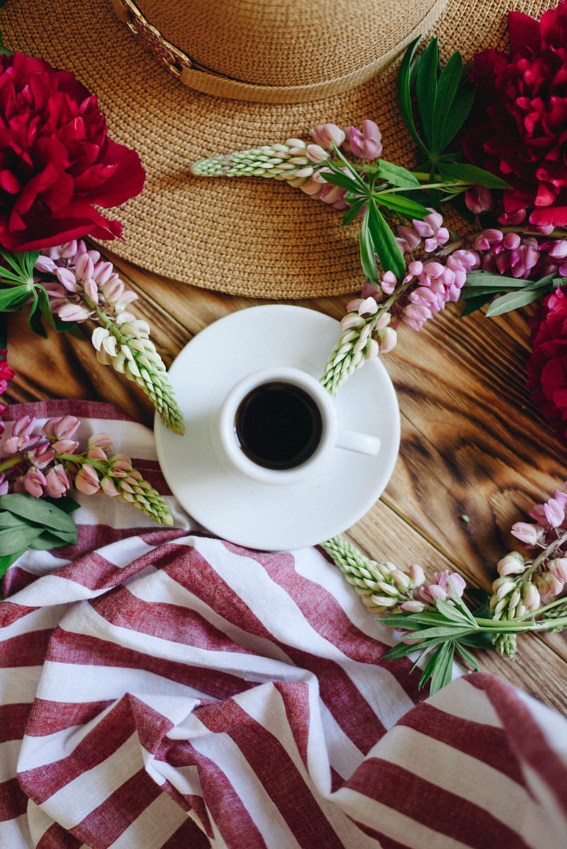 cup, flowers, hat, table, HD phone wallpaper