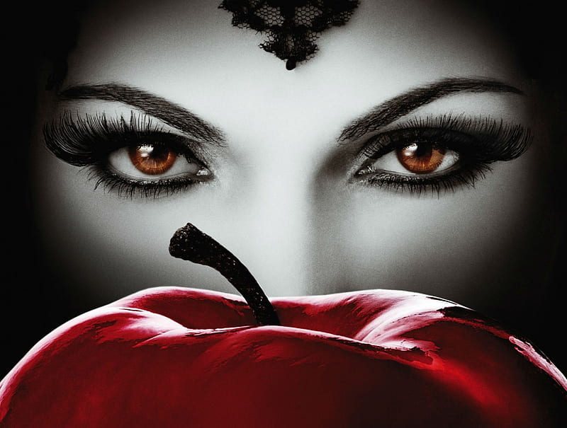 Once Upon a Time (2011), apple, poster, red, Lana Parrilla, Regina Mills, black, once upon a time, eyes, HD wallpaper