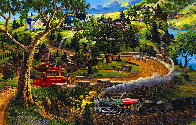 Somerset Spring, cottages, trees, artwork, horses, train, wagon, painting, road, vintage, HD wallpaper