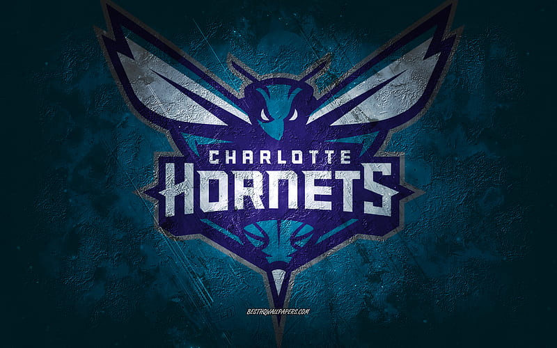 Charlotte Hornets, American basketball team, blue stone background, Charlotte Hornets logo, grunge art, NBA, basketball, USA, Charlotte Hornets emblem, HD wallpaper