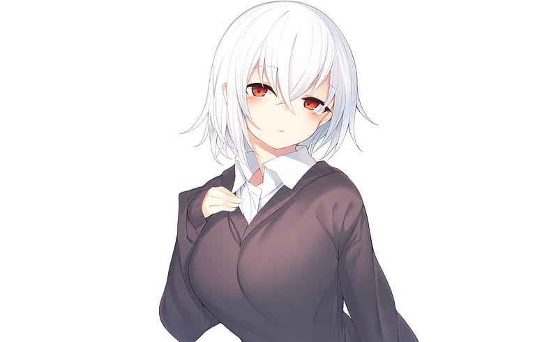 anime girl, sweater, short white hair, red eyes, school uniform, Anime, HD wallpaper