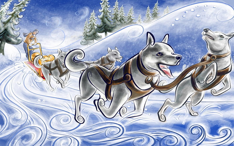 Dog Sled, mountain, snow, trees, winter, HD wallpaper