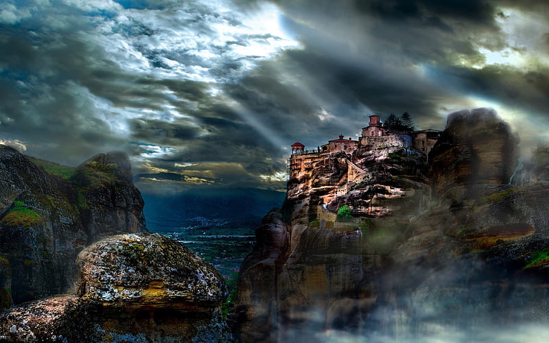 Meteora, mountains, cliffs, monastery, Greece, HD wallpaper