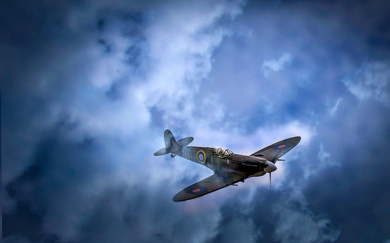 WW2 British Spitfire, military, aircraft, clouds, ww2, HD wallpaper