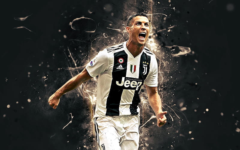 Cristiano Ronaldo, joy, Juventus FC, football stars, Serie A, Ronaldo, CR7, neon lights, Portuguese footballer, CR7 Juve, soccer, Bianconeri, HD wallpaper