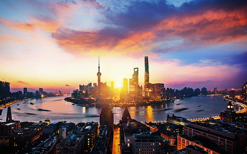 Huangpu River, sunset, modern buildings, skyscrapers, Lujiazui Nig, Shanghai, China, Asia, HD wallpaper