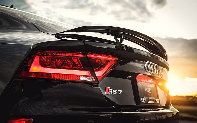 sunset, Audi RS7 Sportback, black rs7, close-up, Audi, HD wallpaper