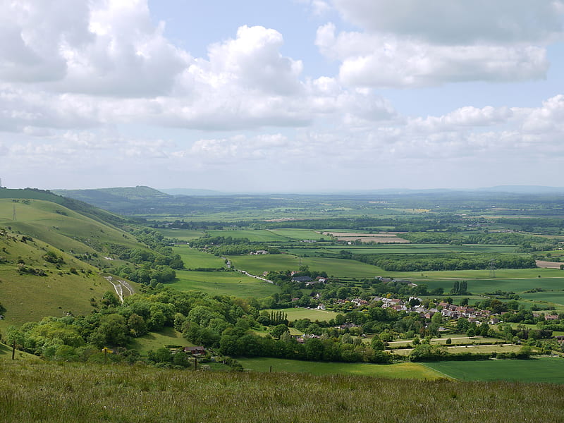 The Weald from the South Downs., downs, sussex, view, village, chalk, HD wallpaper