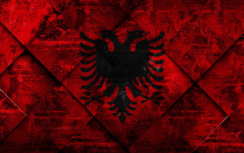 Flag of Albania grunge art, rhombus grunge texture, Albanian flag, Europe, national symbols, Albania, creative art, HD wallpaper