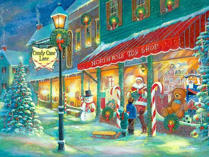 Candy cane lane, sleigh, candy, shop, children, lights, village, toys, christmas, town, fun, joy, snowman, winter, tree, santa, snow, lane, gifts, north pole, HD wallpaper