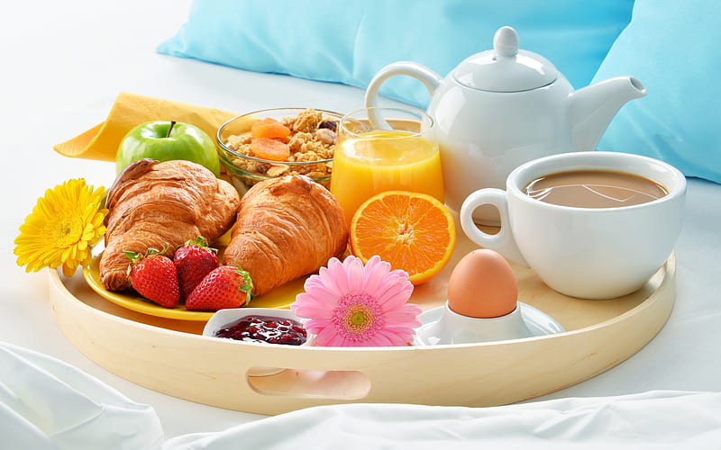 Breakfast, food, coffee, bed, HD wallpaper