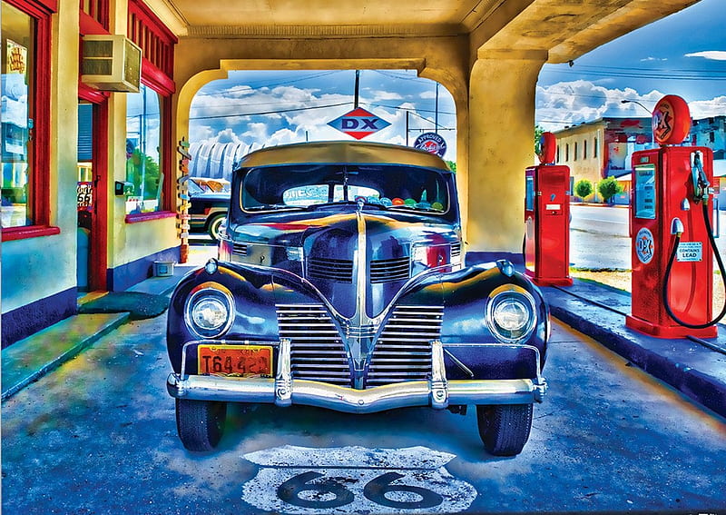 Kicks on Route 66, car, painting, gas station, oldie, artwork, HD wallpaper